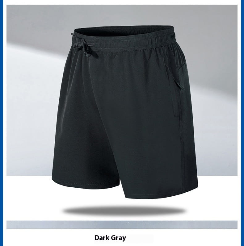 Men ice silk quick dry athletic shorts in dark gray with an elastic waistband and drawstring made from lightweight fabric.