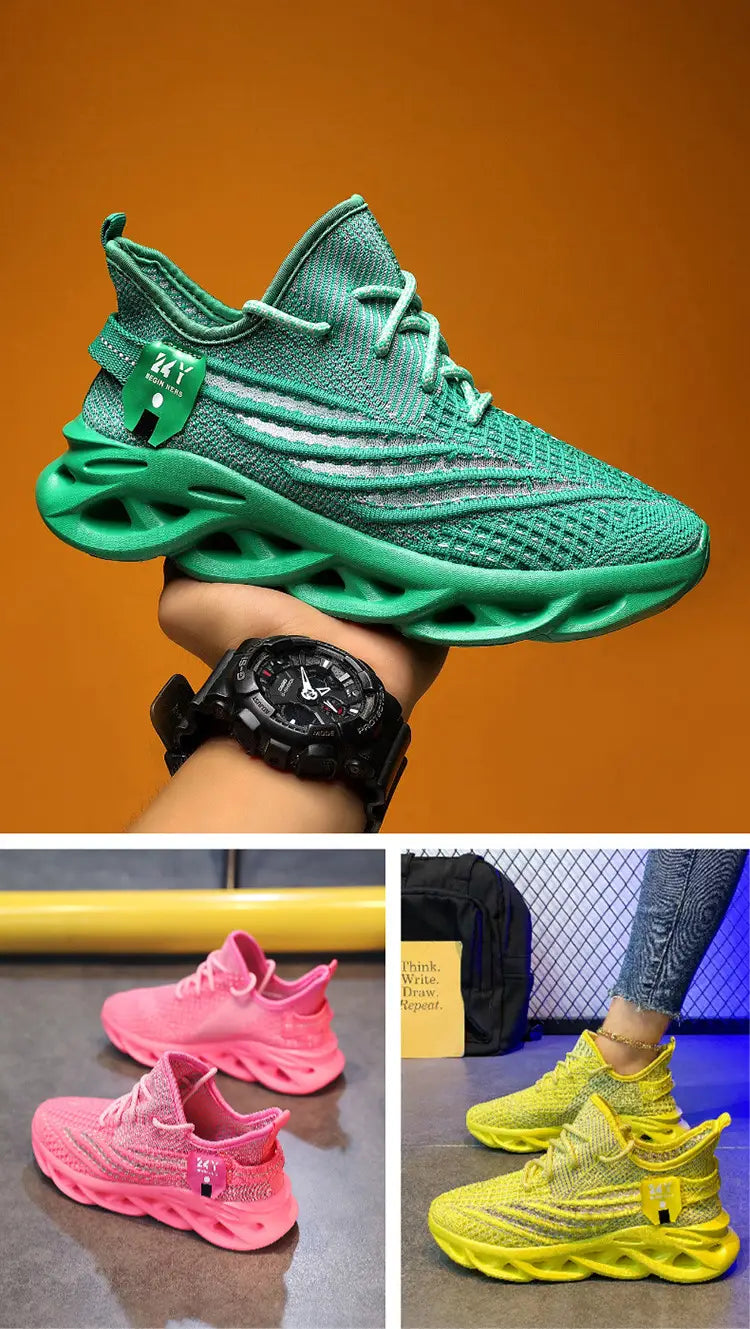 Green mesh flyknit platform running shoe for men with a bold sculpted sole and matching laces.