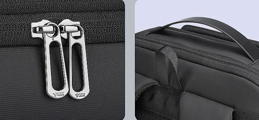 schwarzer Nylon-Business-Reiserucksack mit silberfarbenen YKK-Reißverschlüssen und gepolstertem oberen Tragegriff, eleganter Oxford-Laptop-Rucksack.