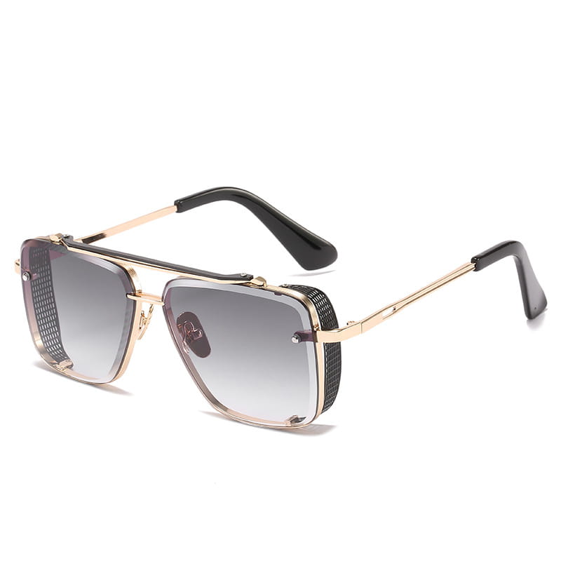 Retro metal mesh aviator sunglasses feature gold-toned frames with black textured side panels and gradient gray uv400 lenses.