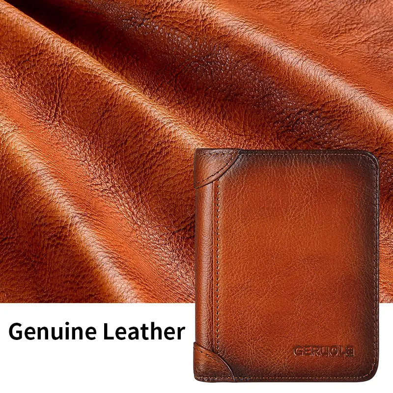 Brown genuine leather men’s RFID wallet with zip coin pocket featuring a subtle textured finish and stitched edges.