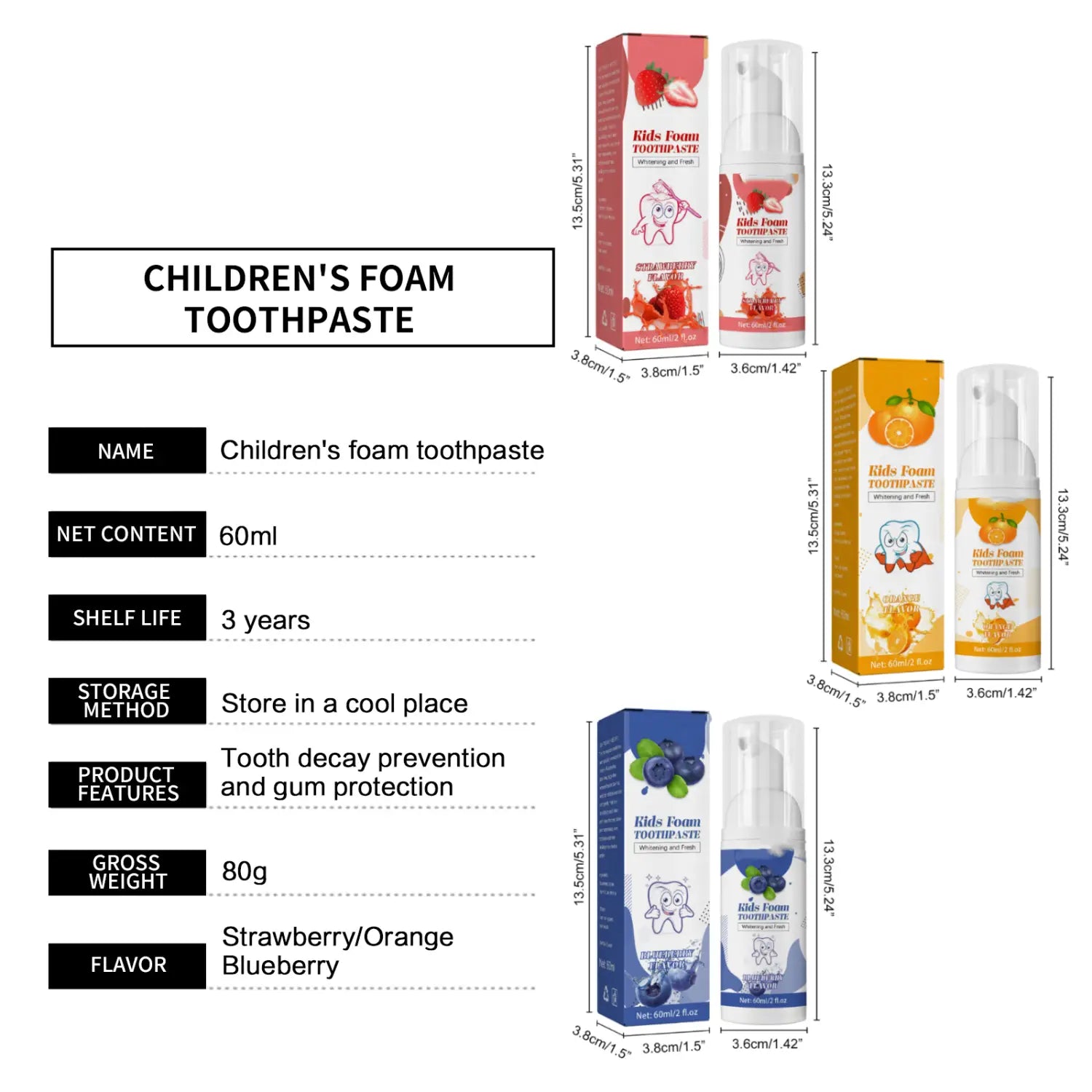 A white and pink kids foam toothpaste dispenser with a cartoon tooth character on the label featuring strawberry flavor and cavity protection in a 60ml blueberry-themed packaging.