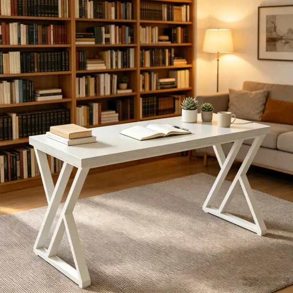 Escritorio de escritura industrial blanco con marco en X, superficie minimalista lisa y patas de madera resistentes, mesa de madera blanca de 55 pulgadas.