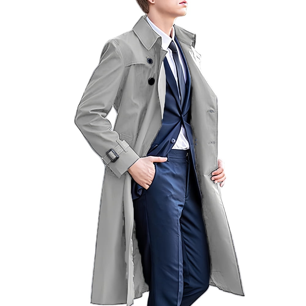 A sleek light gray men solid color long trench coat with black buttons and a classic belted waist.
