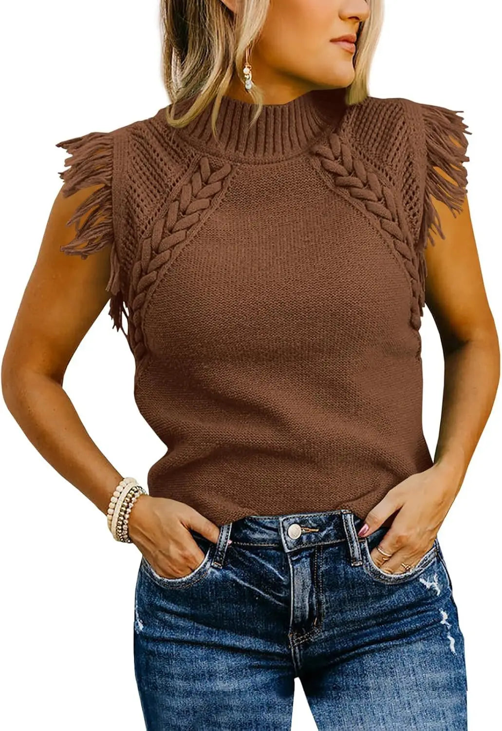 Brown hand-woven sleeveless knit sweater vest with braided detailing and frayed shoulder accents.