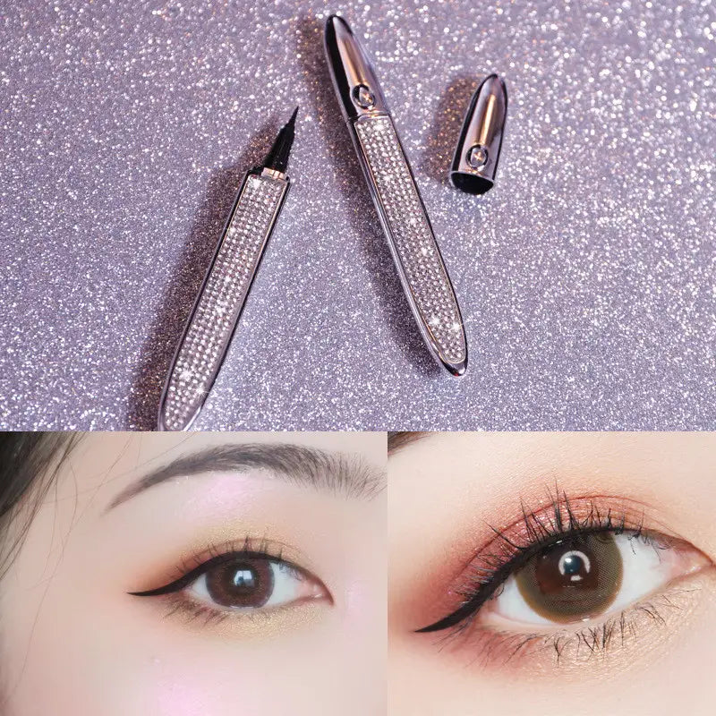 Sparkling silver rhinestone-encrusted self-adhesive eyeliner pen with a sleek metallic finish and matching cap designed for waterproof false lashes application.