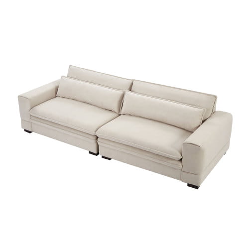 Beigefarbene gepolsterte Mid-Century-Modern-4-Sitzer-Fabric-Sektionsecke mit klaren Linien und gepolsterten Kissen, mit einer Breite von 105 Zoll.