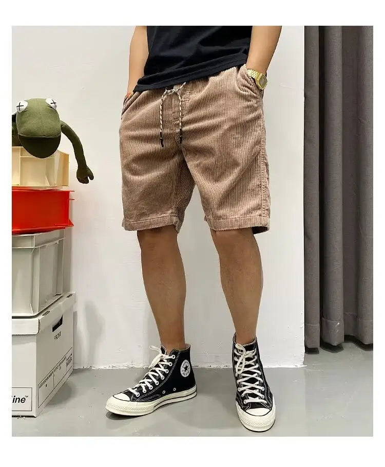Herren-Cord-Sommer-Arbeitsbekleidung in Beige mit Kordelzugbund und umgeschlagenen Säumen