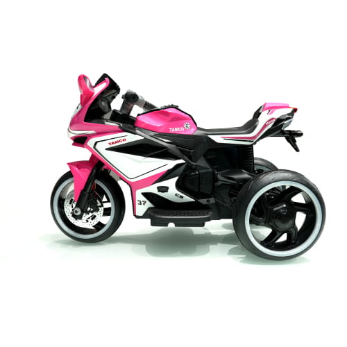 pink and black three-wheeled 6v kids electric ride on motorcycle with white accents designed for children