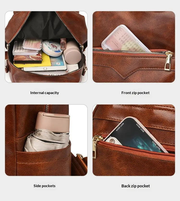 Brown faux leather women’s large capacity commuter backpack with multiple compartments and zippers.