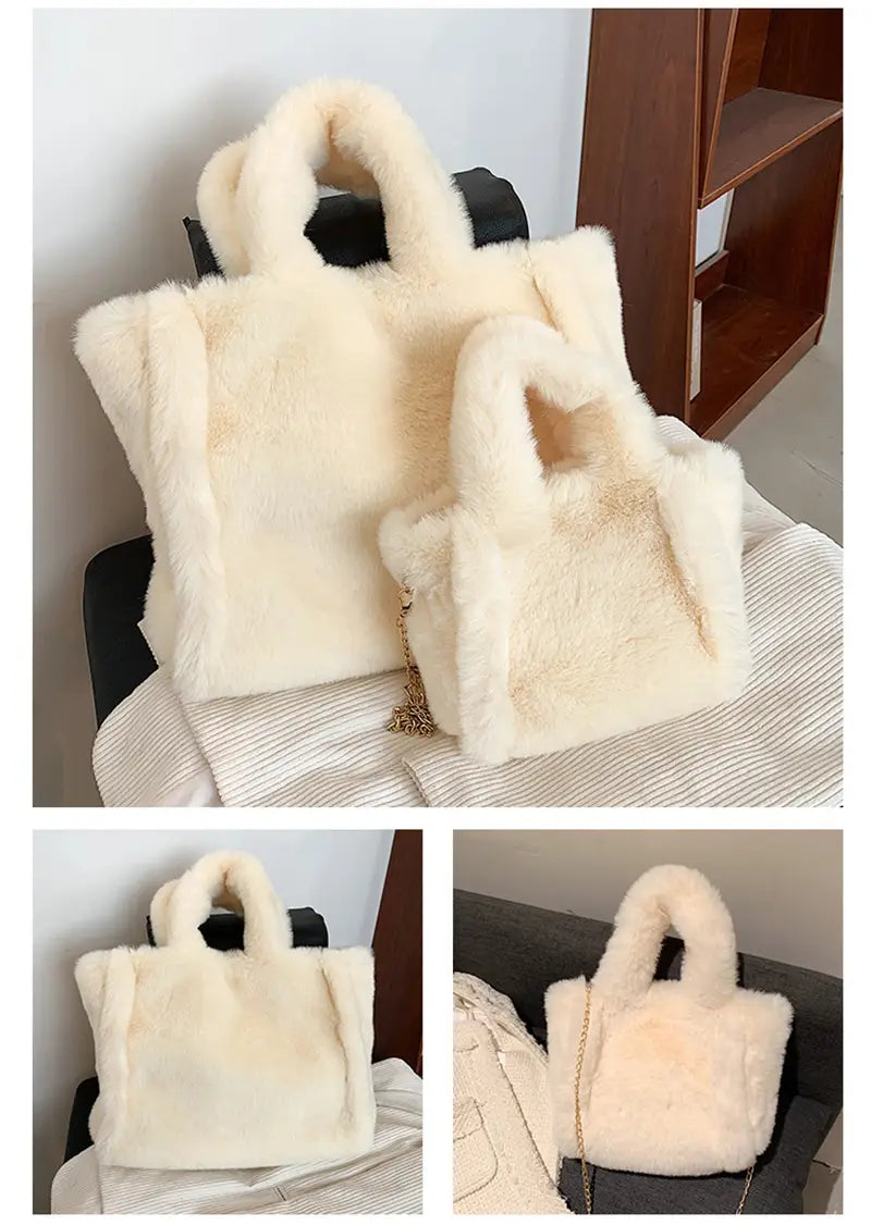 Cream-colored plush faux fur tote bag with soft texture and matching handles designed as a shoulder bag with a chain strap.