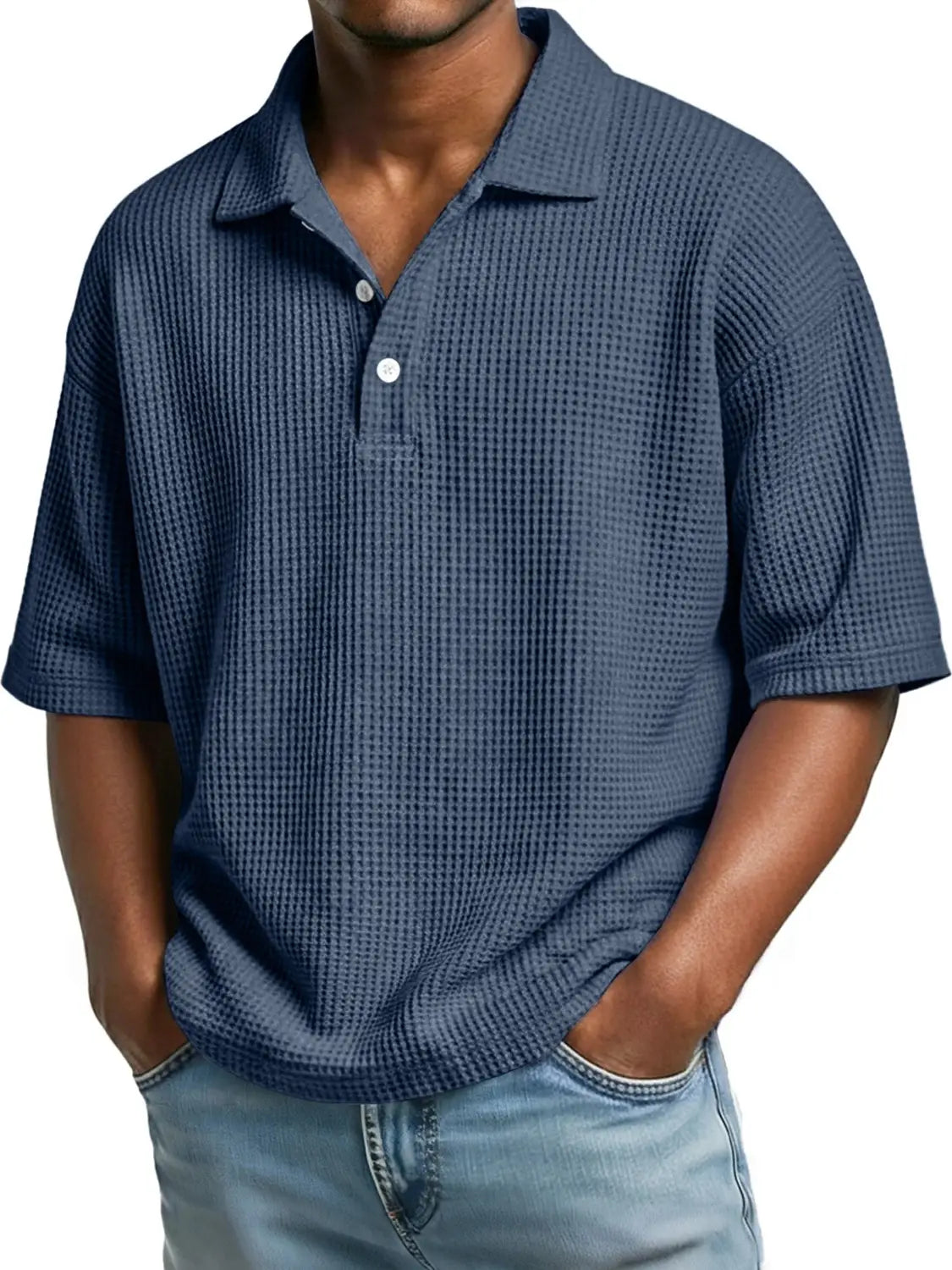 Men’s slim fit waffle knit short sleeve polo shirt in navy blue with white buttons made from textured fabric ideal for casual wear.