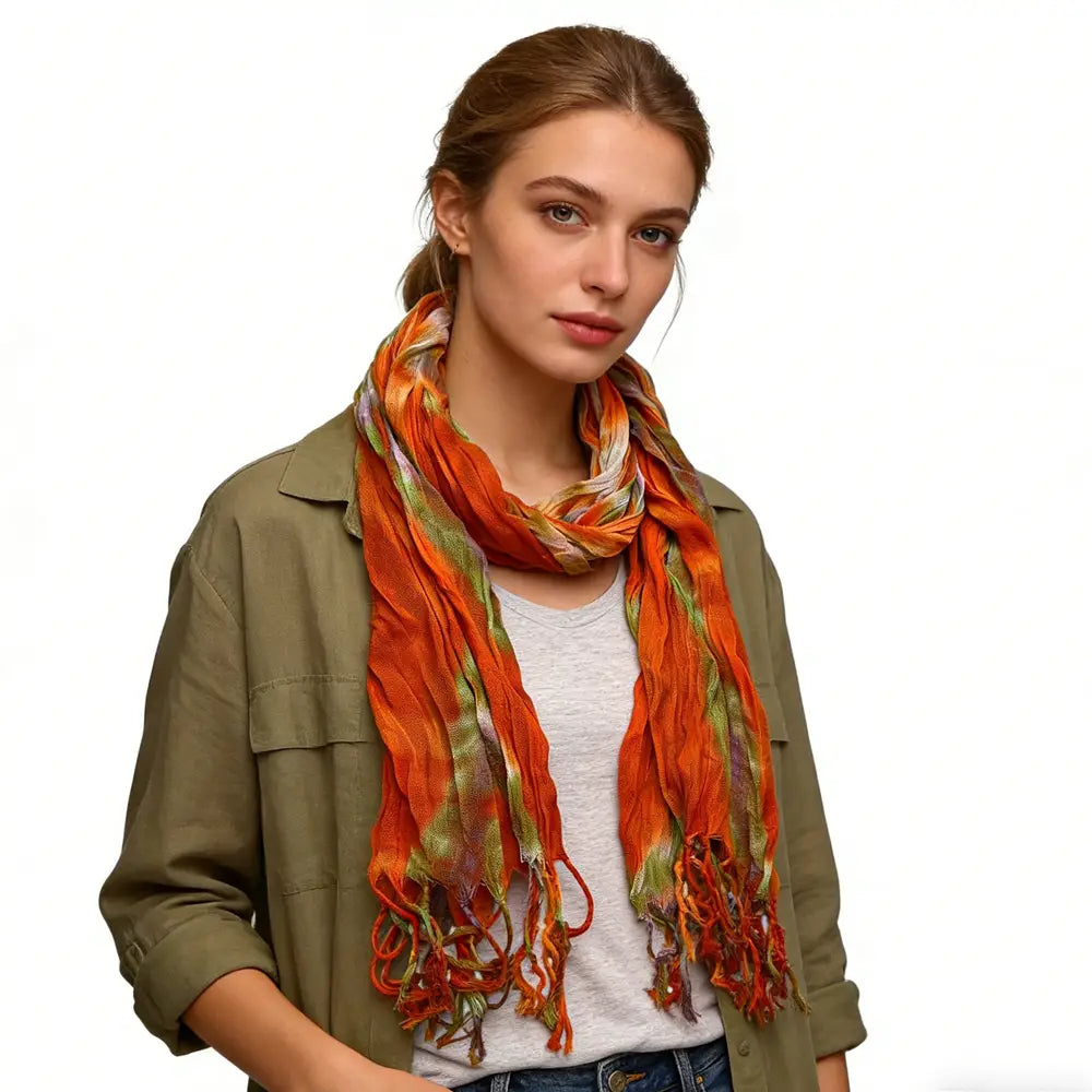 Ein kräftiger Orange- und Grün-Batik-Viskoseschal mit leichtem Gewebe und Fransenenden.