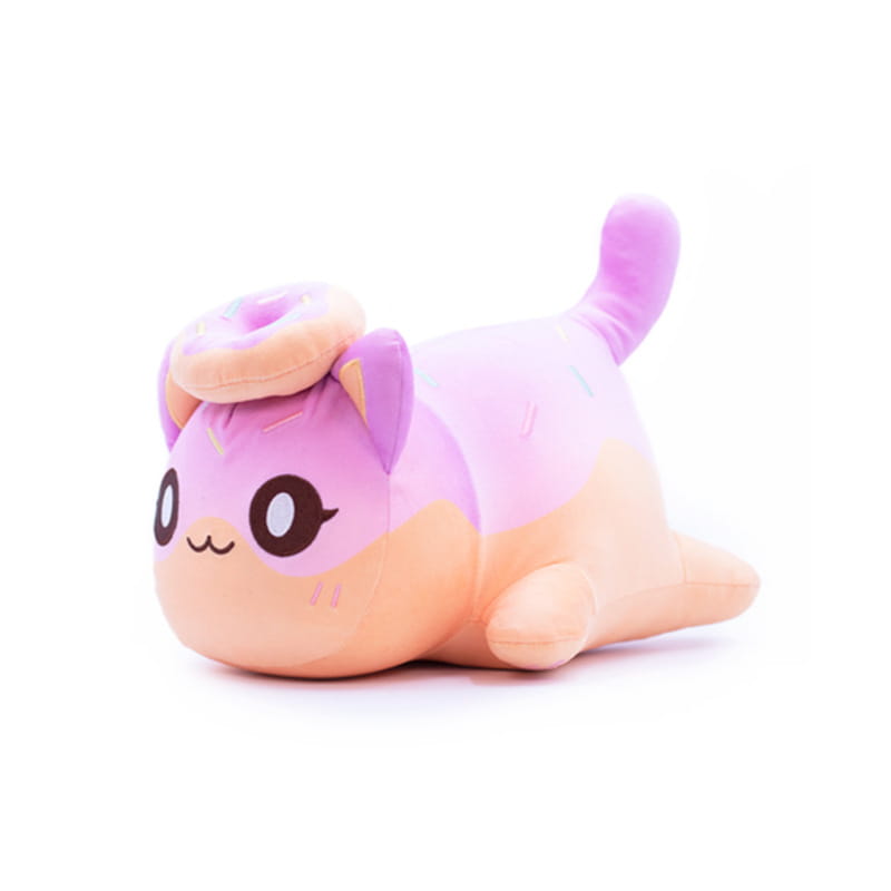 a plush pink and peach-colored cat stuffed animal toy for kids 25cm made of soft fabric with a donut on its head