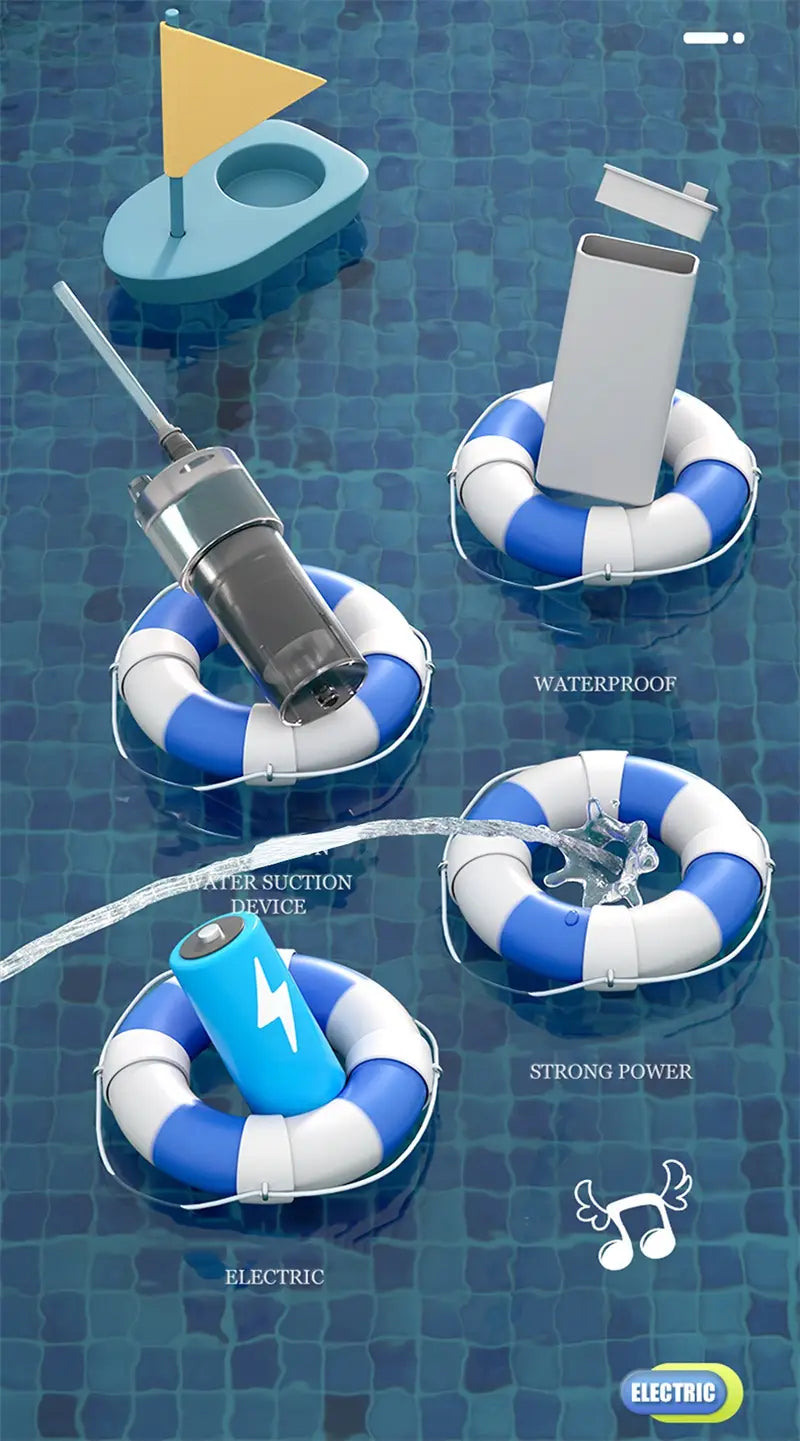 blue and white striped life preserver floating in a pool holding an electric water gun automatic glock toy for kids 358ml with various electronic devices placed on it