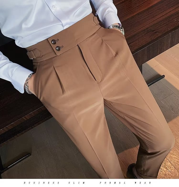 Tan high-waisted slim-fit formal trousers with a structured belt and button closure in Korean style for men.