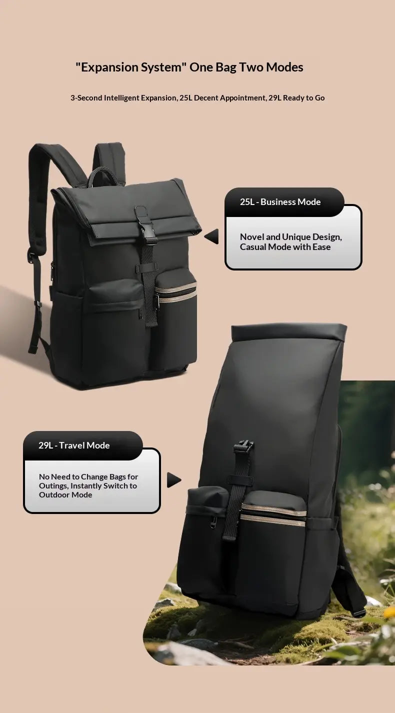 Black expansion system roll top business backpack with dual functionality transitioning between 25l business mode and 29l travel mode shown from the back.