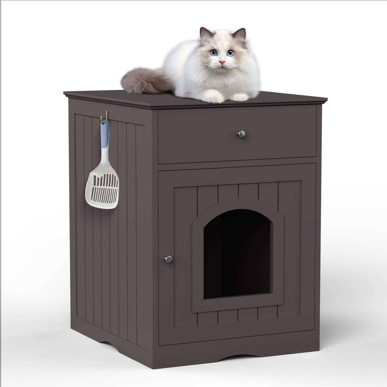 Eine Einfassung für eine Katzenkloschale aus dunkelgrauem Holz als Nachttisch mit Schublade und einer gebogenen Tür mit vertikaler Verkleidung und silberfarbenen Knöpfen.