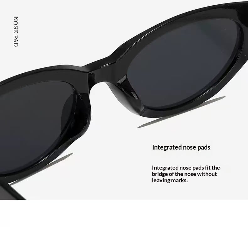 Black cat eye UV400 sunglasses with glossy modern frames dark lenses and integrated nose pads.