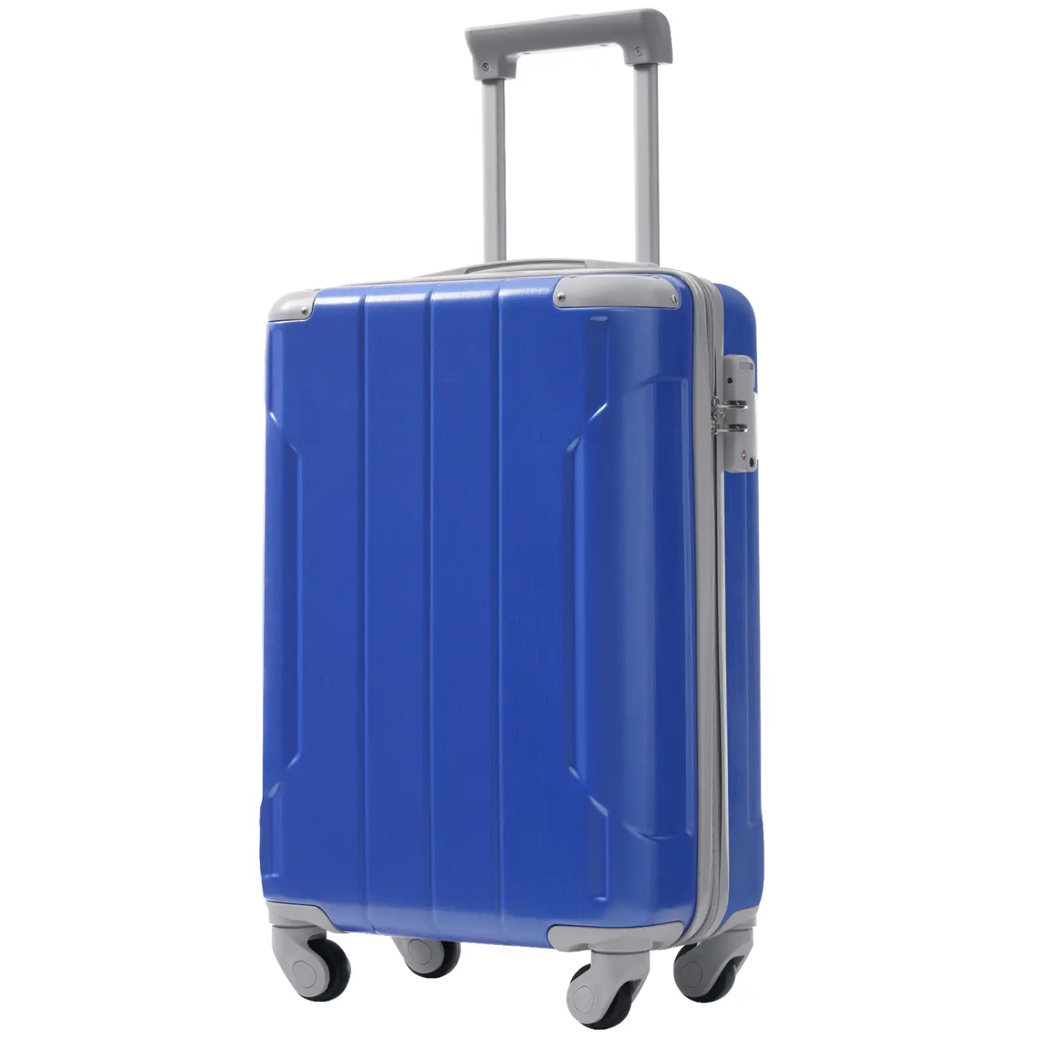 Blue hard-shell 20 inch carry on suitcase with silver trim and wheels from the 3 piece dazzling blue hardshell luggage set.