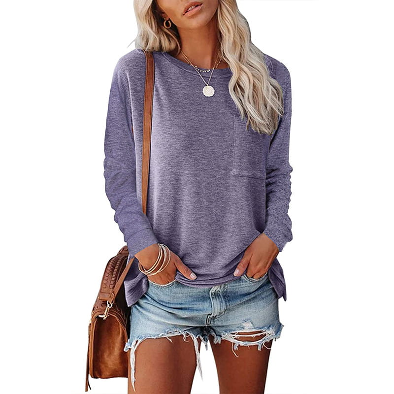 A soft heathered purple relaxed pocket knit long sleeve t-shirt with a relaxed fit and a single chest pocket.