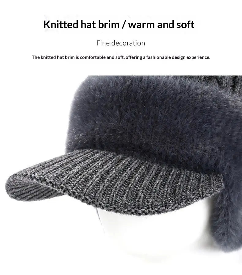 graue fleecegefütterte gestrickte Mütze mit Ohrklappen, mit einer gerippten Strickkrempe und weicher, flauschiger Beschaffenheit