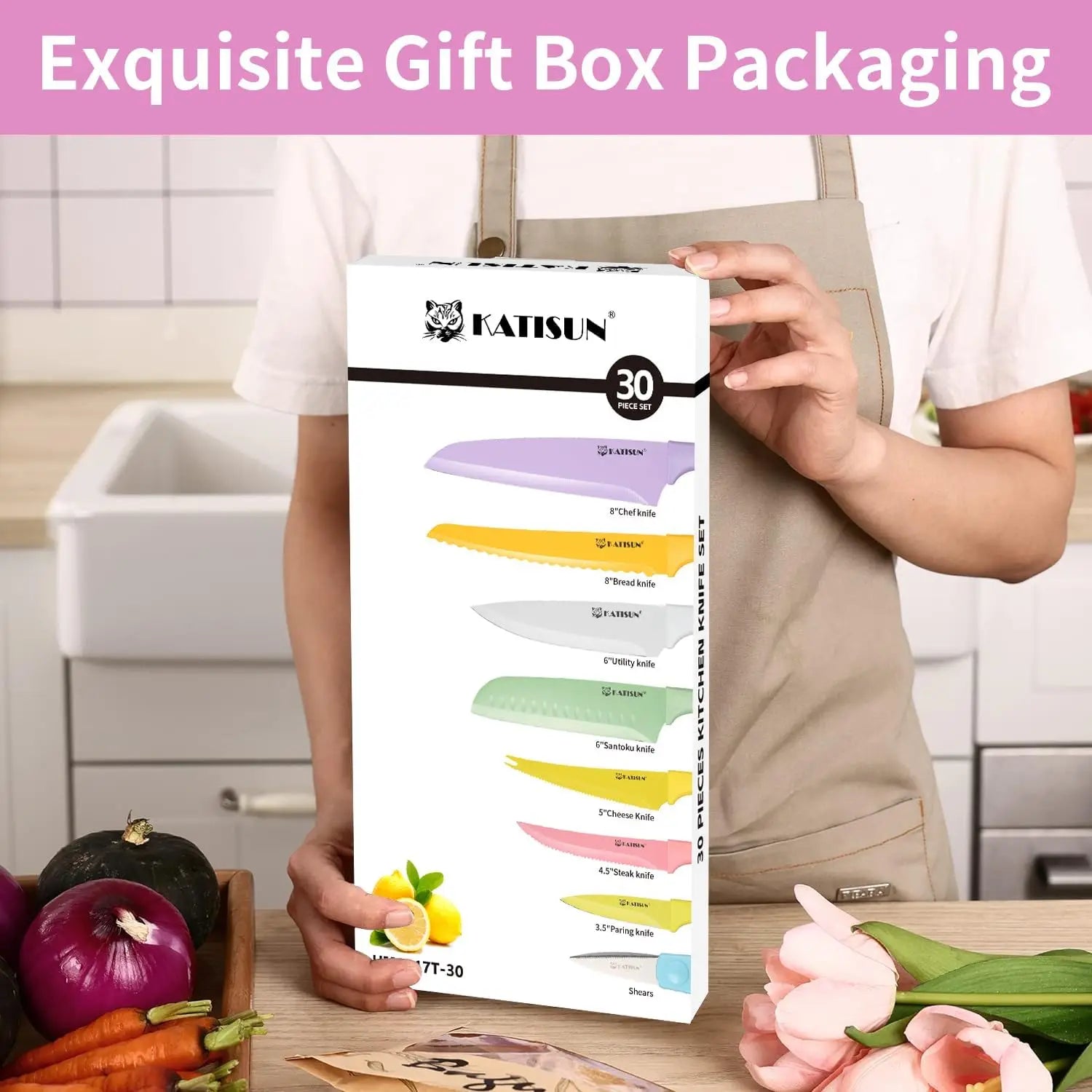 Katisun 30 piece colorful kitchen knife set with pastel-hued handles and cutting board for versatile food preparation.