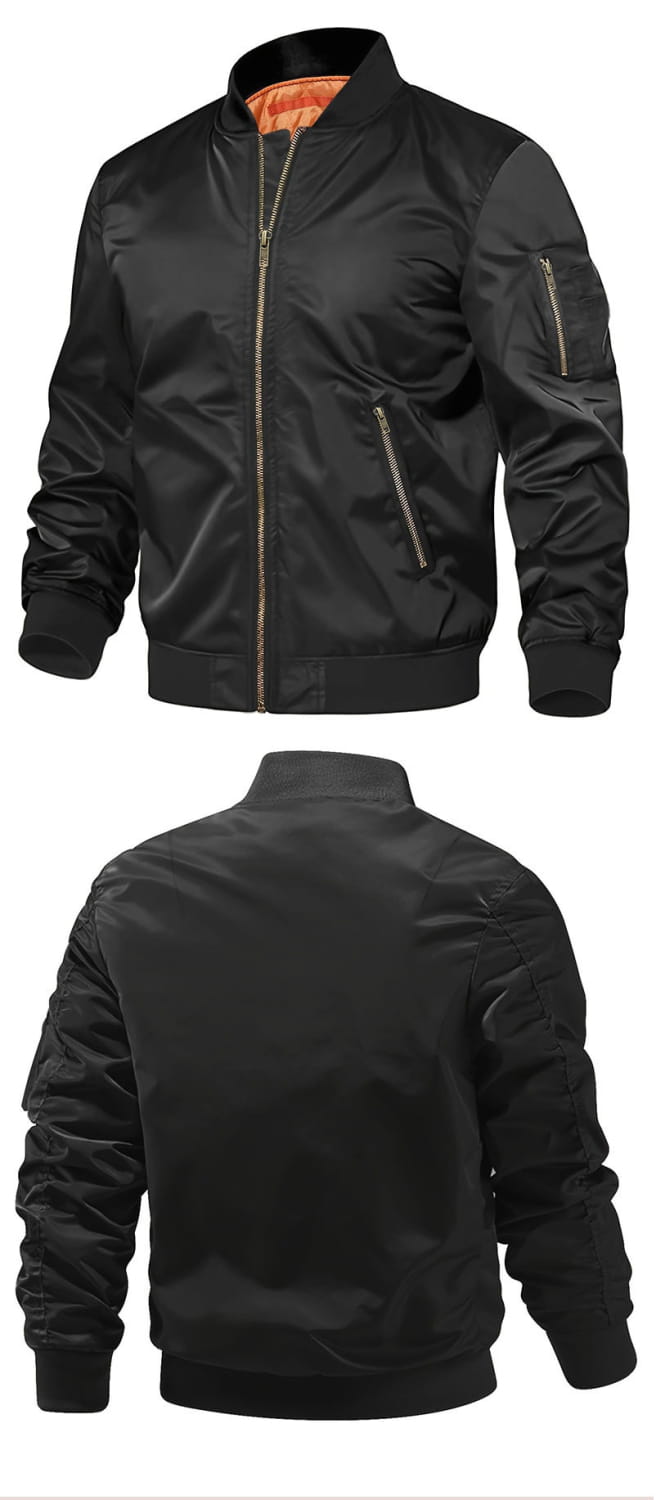 Herren-Satin-Bomberjacke in Schwarz mit orangefarbenem Kontrastfutter und silberfarbenen Reißverschlüssen.