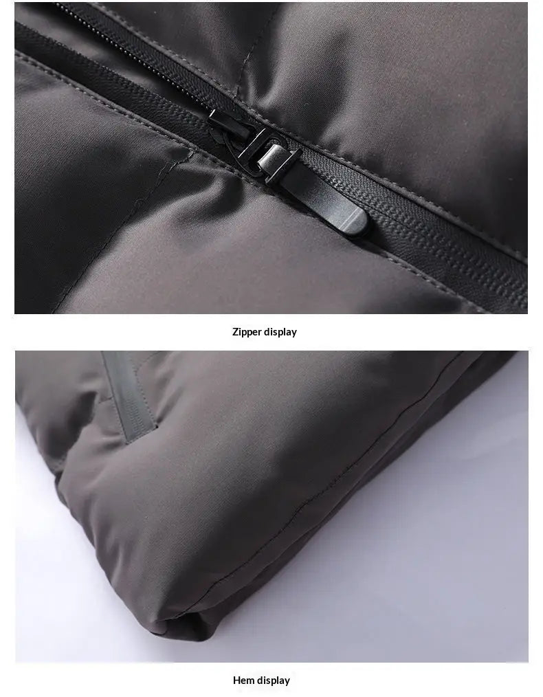 Doudoune à capuche en coton pour hommes noire en nylon, avec fermeture à glissière élégante et bas côtelé.