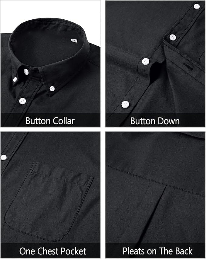 Men’s long sleeve oxford button down shirt in black with white buttons, chest pocket, and back pleats shown from the back side.