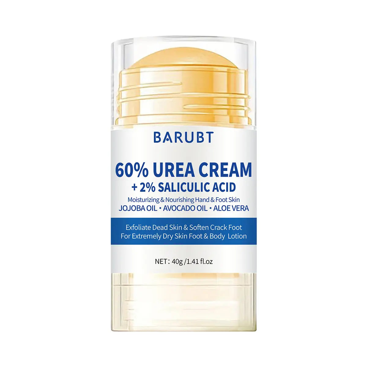 Crème bâton pour le soin hydratant des mains et des pieds Barubt à la pêche, 72 g, contenant 60 % d’urée : gel jaune doré à l’intérieur d’un récipient cylindrique transparent.