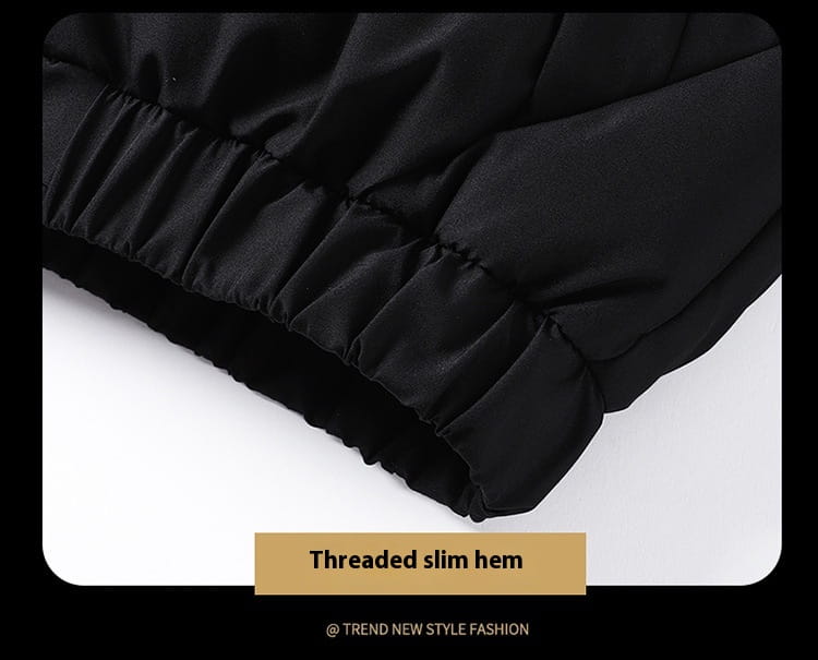 Black puffer jacket with a threaded slim hem designed as a men’s warm padded down jacket in gray.