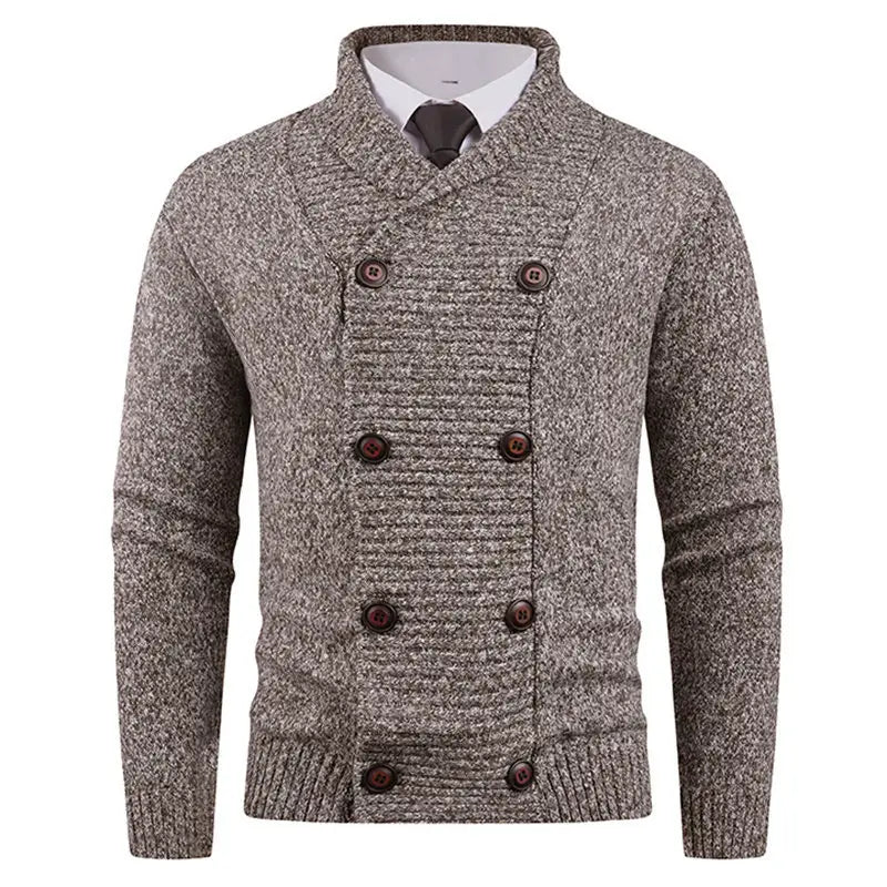 A textured gray knit men’s double-breasted cardigan with dark brown buttons on the front.