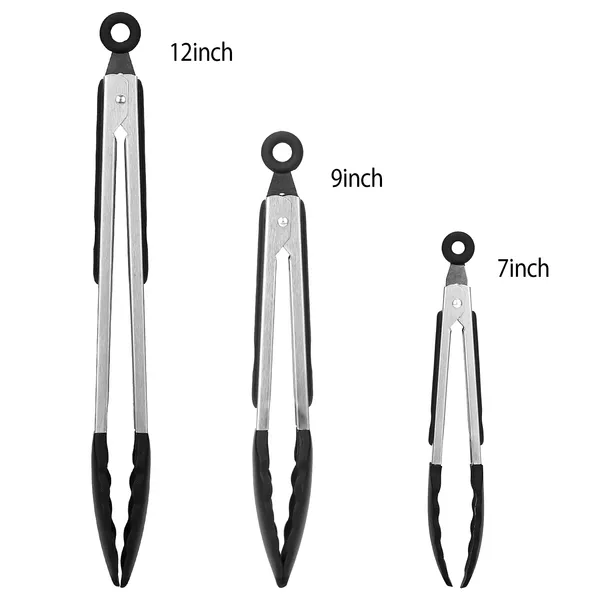 Set of three stainless steel kitchen tongs with black silicone grips and looped handles in 7-inch, 9-inch, and 12-inch sizes.