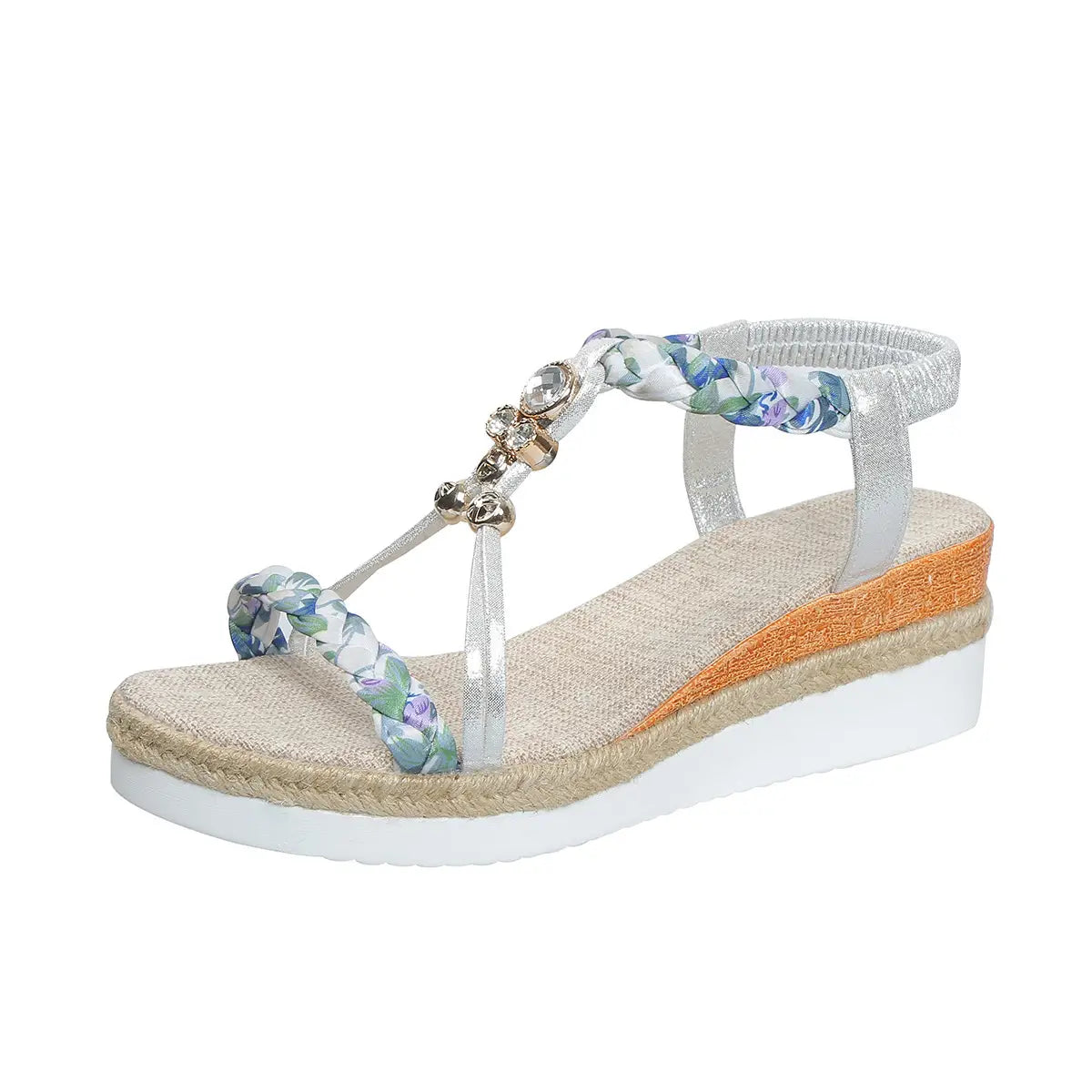 Sandalias tipo cuña espadrille trenzadas con correa floral plateada y azul para mujer, con bailarinas de suela plana tipo espadrille tejida