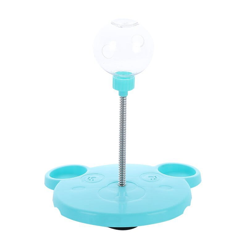 Gobelet distributeur de nourriture pour jouet puzzle en plastique bleu clair en forme de chat, avec sommet sphérique transparent, deux bols latéraux, tige en métal à ressort réglable et base à ventouse.