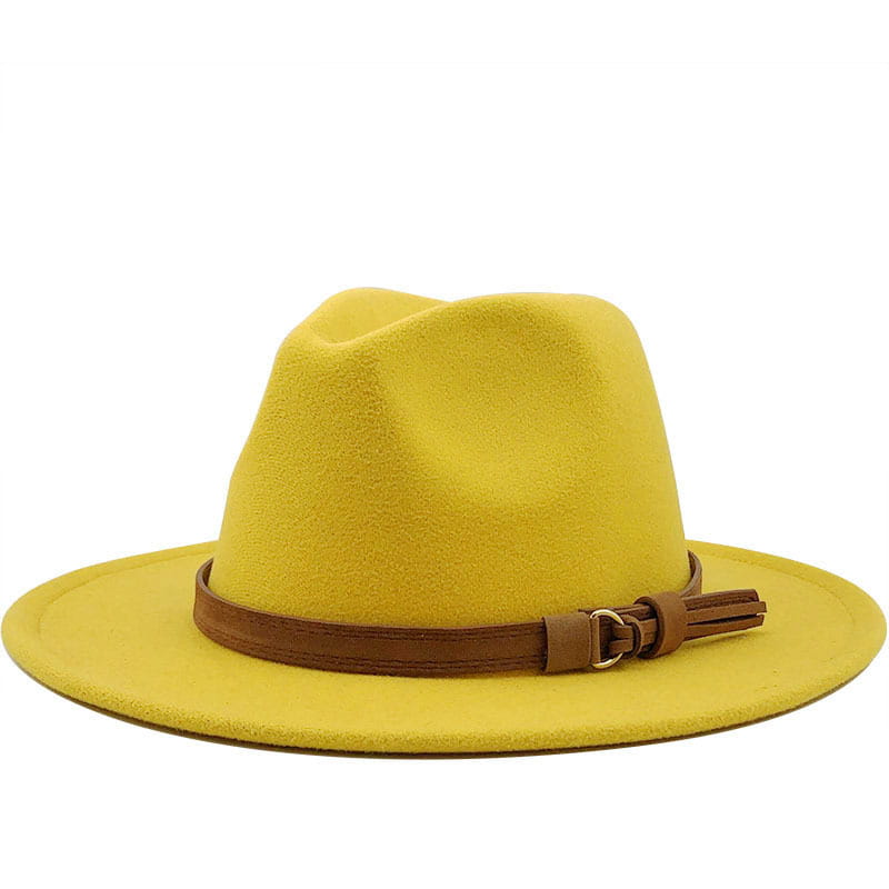 A vibrant yellow wool fedora hat with a brown leather belt and tassel detail.