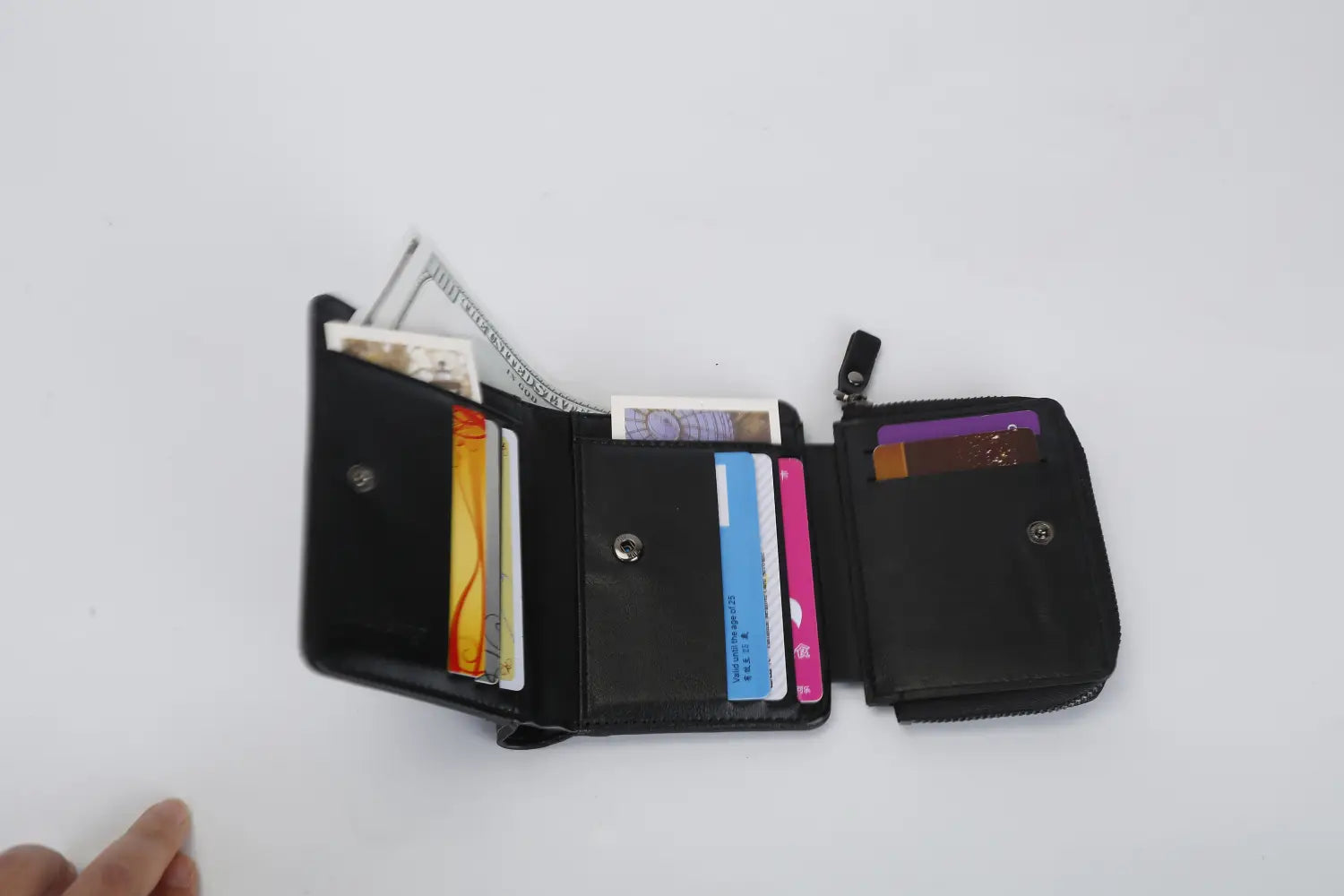 Baellerry men’s trifold pu leather zipper wallet in black with multiple card slots and a zippered compartment.