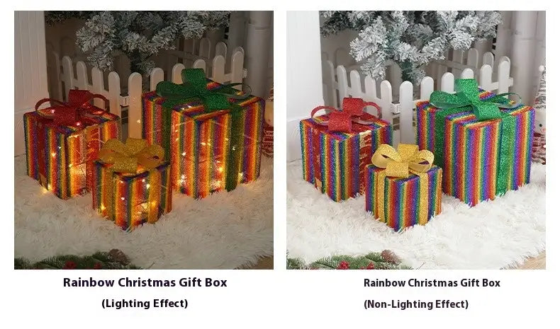 led christmas gift box set featuring rainbow-striped boxes with glittery bows and illuminated interiors.