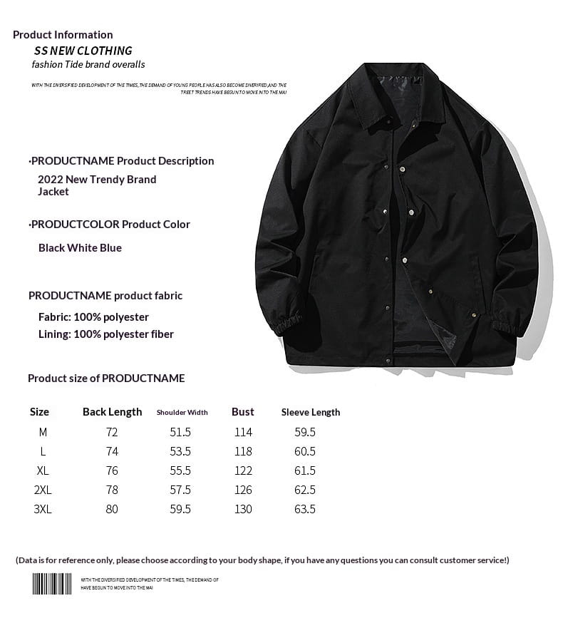 Herren-Japan-Casual-Loose-Coachjacke in Schwarz aus 100 % Polyester mit weißem Reißverschluss und Knopfverschluss.