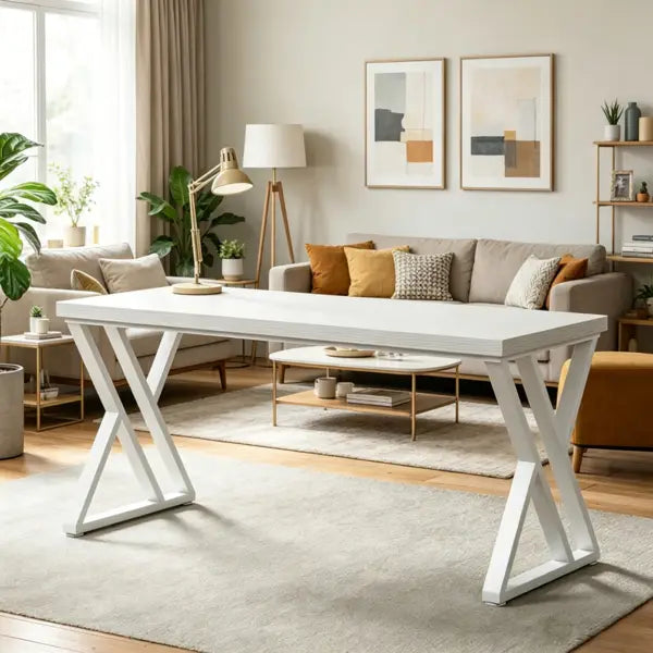 Escritorio de escritura industrial moderno en blanco con patas metálicas en forma de X y una mesa de madera blanca de 55 pulgadas para uso en oficina o en el hogar