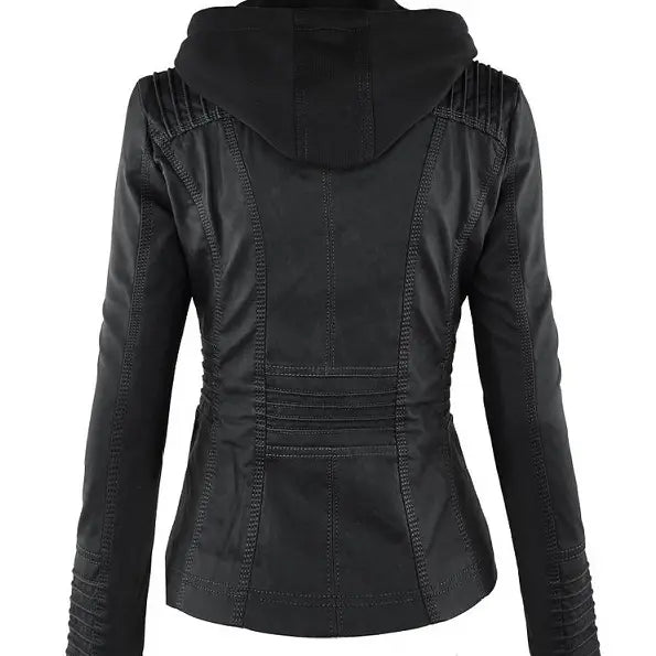 Black faux leather moto jacket with detachable hood featuring structured seams and ribbed detailing on the sleeves.