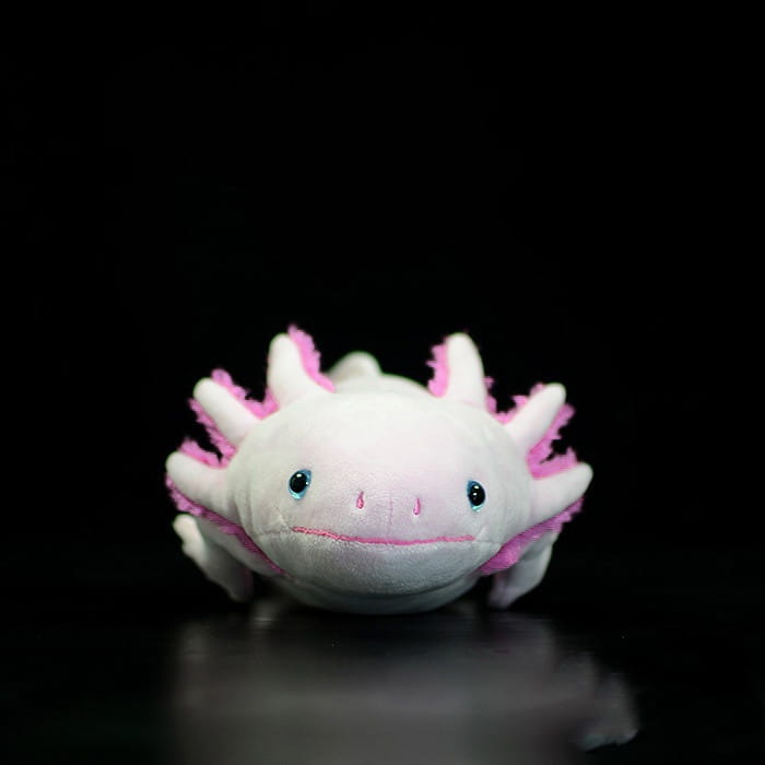 Ein weiches weißes Axolotl-Plüschtier mit rosa Kiemen, zarten Stacheln und bestickten blauen Augen. Es misst 50 cm in der Länge und verfügt über ein Design als sechseckige Dinosaurier-Puppe.