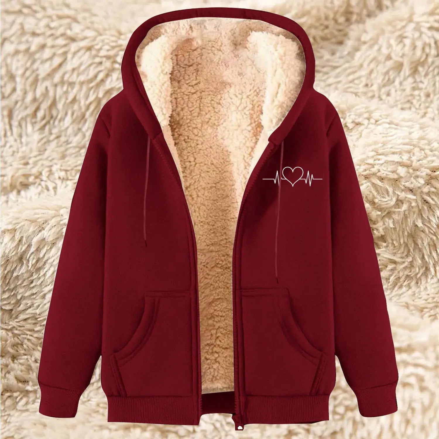 A maroon men’s zip-up winter fleece hoodie with plush beige sherpa lining and a white heart-shaped heartbeat design on the left chest.
