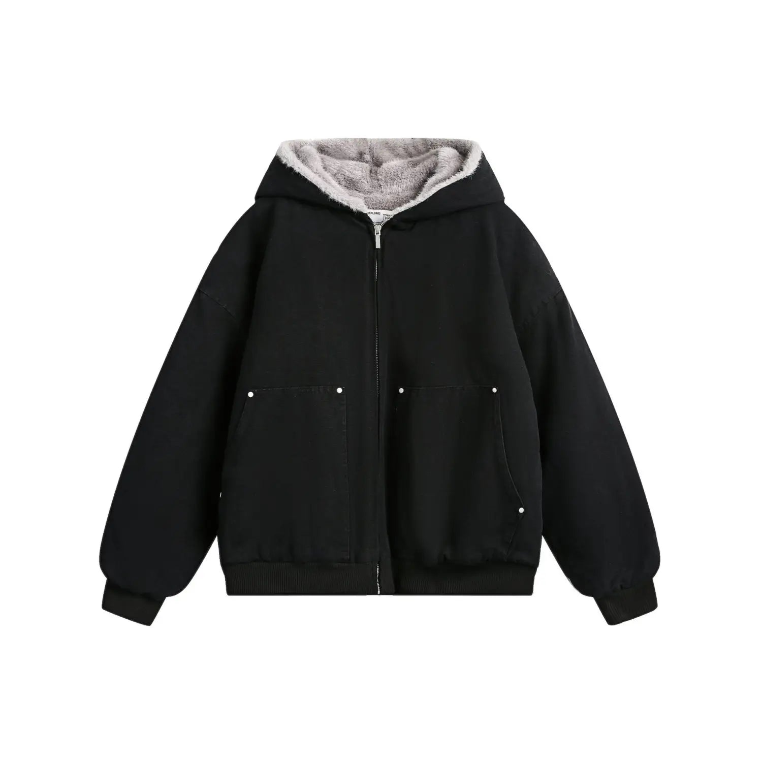 Sudadera con cremallera frontal acolchada en color negro para hombre y mujer, con capucha acolchada tipo sherpa gris y dos bolsillos delanteros, realzados con pequeños botones plateados.