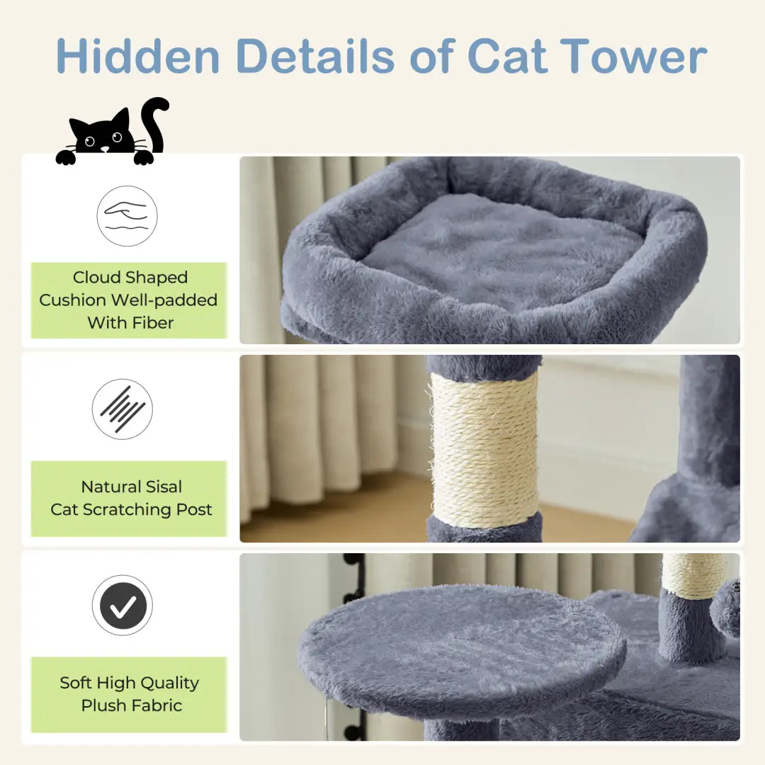 Gray cloud-shaped cushion made of plush fabric with fiber padding on a 44 inch multi-level cat tree tower featuring sisal posts.