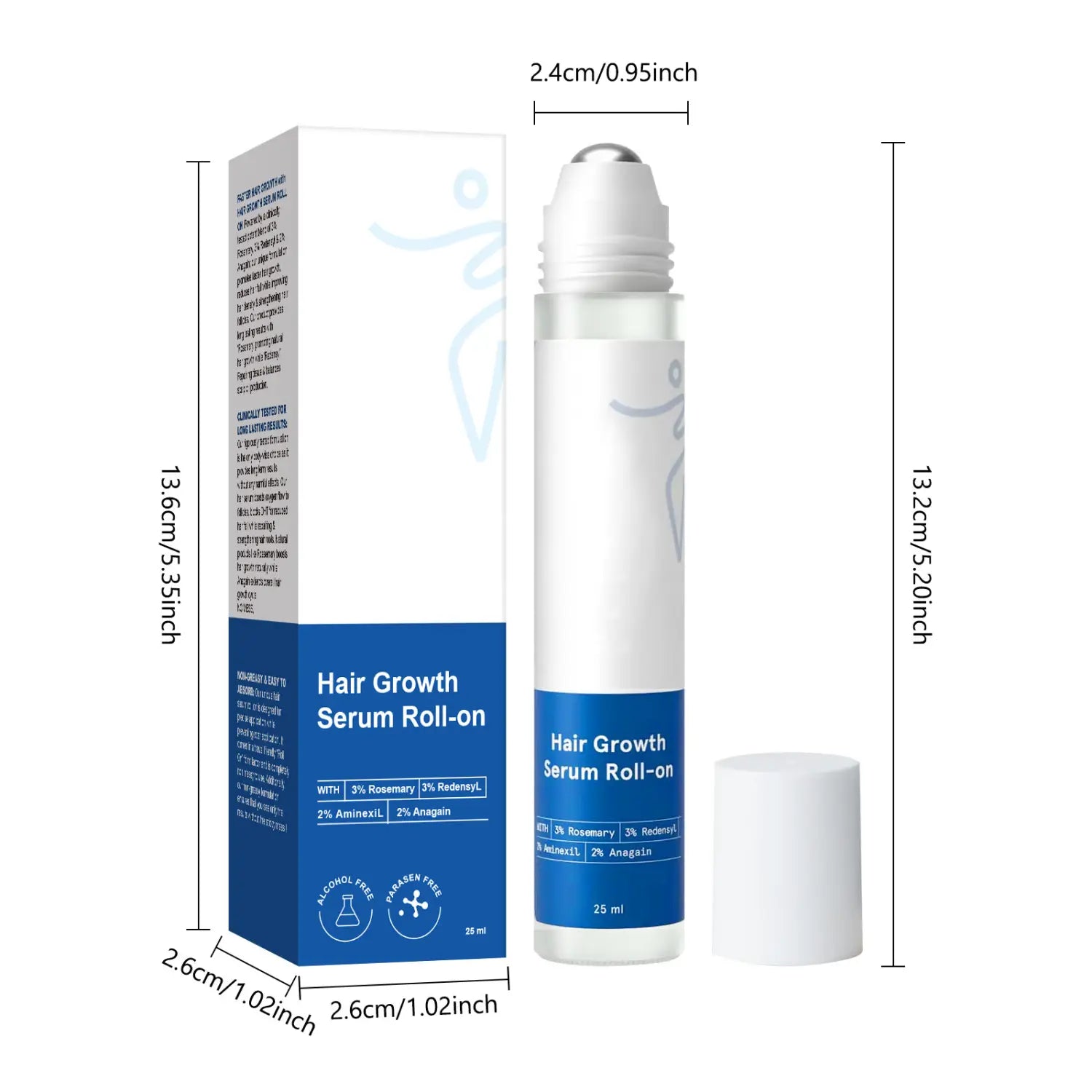 Flacon-bille cylindrique blanc de sérum de croissance des cheveux pour le cuir chevelu et les cheveux indisciplinés, avec étiquette bleue et capuchon à bille argentée, conditionné dans une boîte blanche assortie.