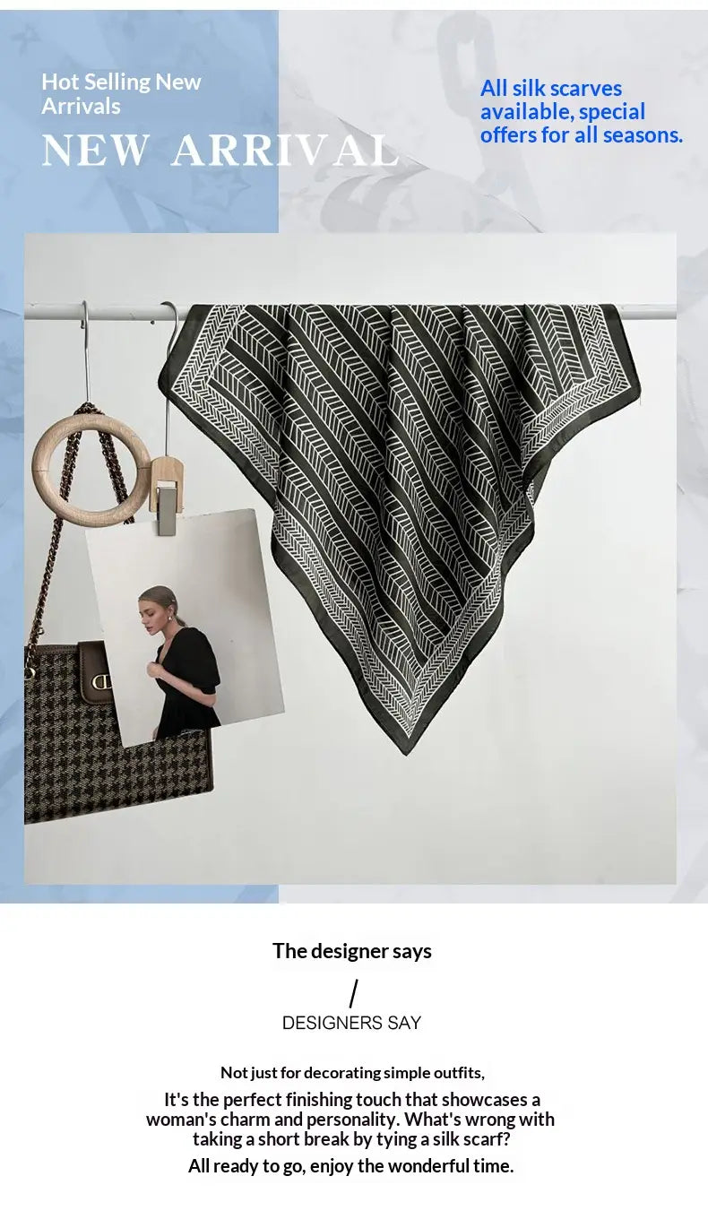 Black silk twill look square scarf with a geometric pattern of white chevrons and scalloped edges.