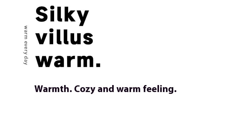 The image shows black text on a white background reading silky villus warm warmth associated with smiling cloud and rainbow plush cotton slippers.