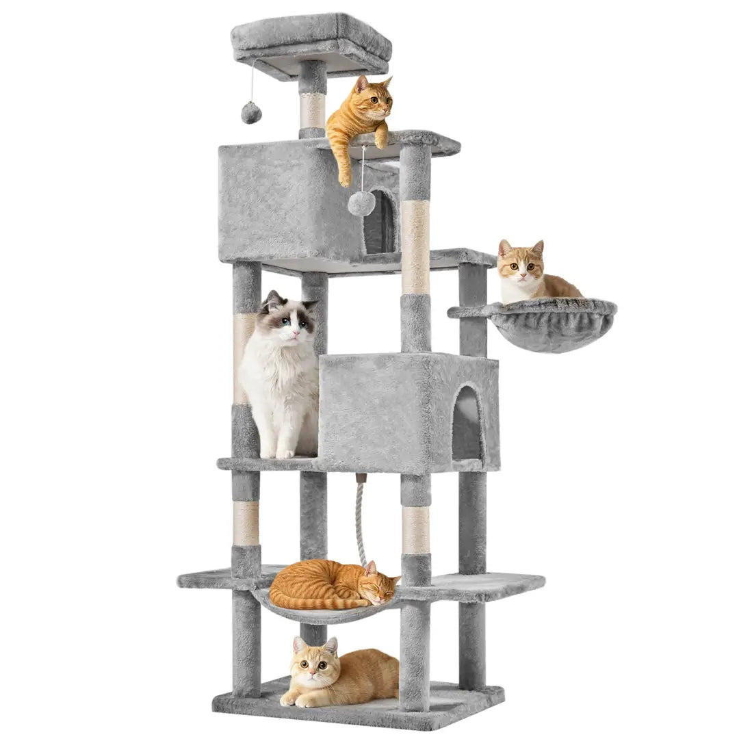 Gray 66 inch multi cat tree tower and condo featuring multi-level plush platforms, scratching posts, and a hanging ball toy for cats.